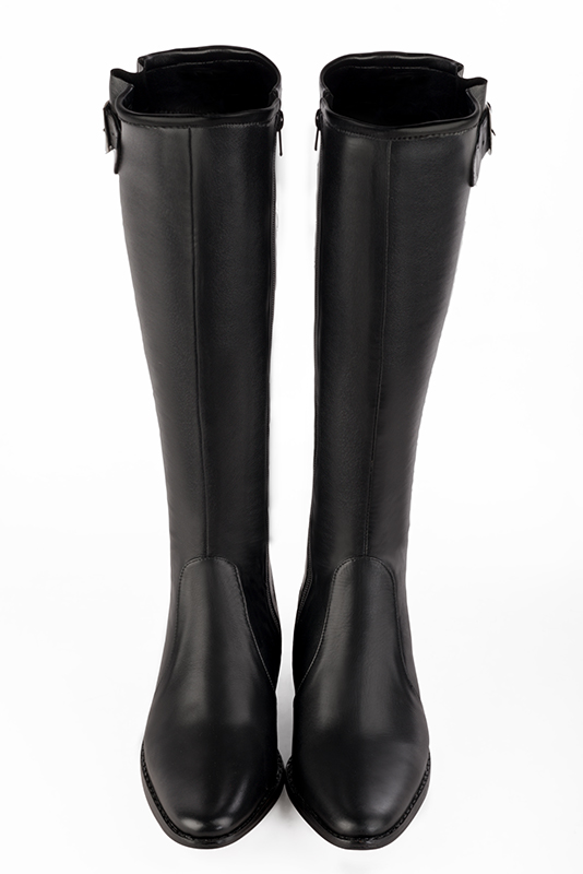Satin black women's knee-high boots with buckles. Round toe. Low leather soles. Made to measure. Top view - Florence KOOIJMAN